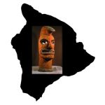 Hawaiian god Ku layered over image of Hawaii Island.