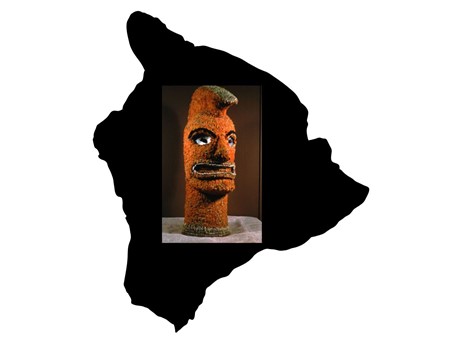 Hawaiian god Ku layered over image of Hawaii Island.