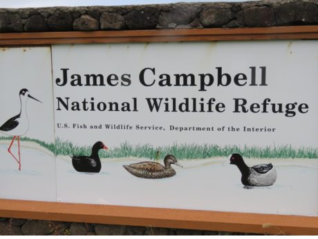 Sign reads James Campbell National Wildlife Refuge and features illustrations of four native birds.