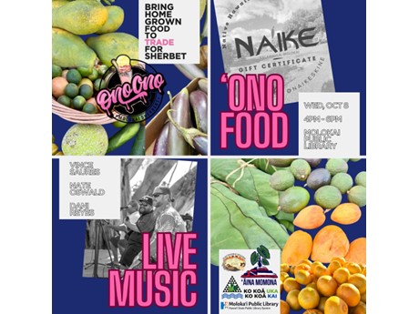 Colorful flyer featuring fresh fruits and veggies, vendor logos and a photo of musicians