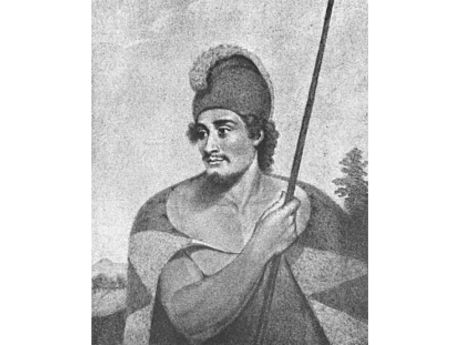 drawing of a man wearing feather cape and helmet