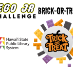 Text Reads "LEGO Jr. Challenge Brick-or-Treat". Pumpkin with "Trick or treat" inside of a circle of Halloween-colored LEGO bricks