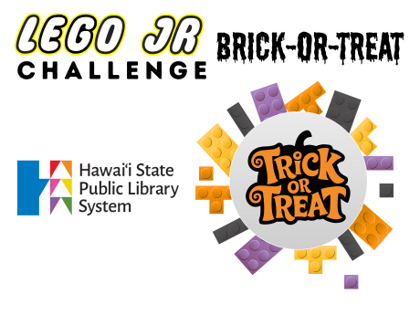 LEGOJrChallengeBRICKorTreat Text Reads "LEGO Jr. Challenge Brick-or-Treat". Pumpkin with "Trick or treat" inside of a circle of Halloween-colored LEGO bricks