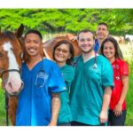 Windward Community College Veterinary Technology students posing in front of a horse.