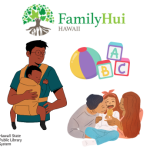 Family Hui's logo with a family in tree roots, ABC blocks, a man holding a baby in a carrier, and two adults looking at a young child