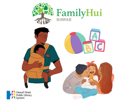 Family Hui's logo with a family in tree roots, ABC blocks, a man holding a baby in a carrier, and two adults looking at a young child