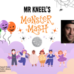 Children in Halloween costumes with balloons and a disco ball, and a photo of Mr. Kneel, a children's Hip Hop Performer