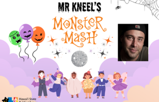 Children in Halloween costumes with balloons and a disco ball, and a photo of Mr. Kneel, a children's Hip Hop Performer