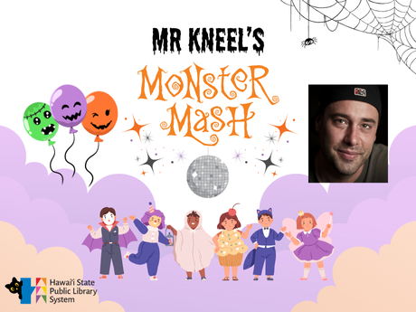 Children in Halloween costumes with balloons and a disco ball, and a photo of Mr. Kneel, a children's Hip Hop Performer
