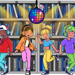 4 teens in colorful clothing dancing in the library to kpop beats playing from their headphones
