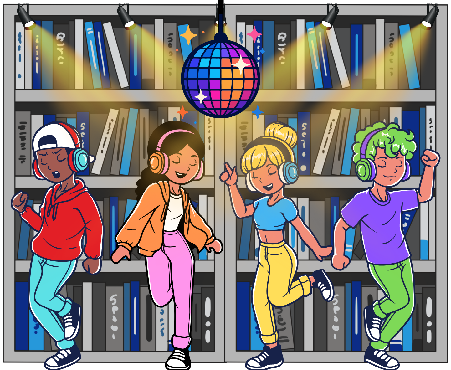 4 teens in colorful clothing dancing in the library to kpop beats playing from their headphones