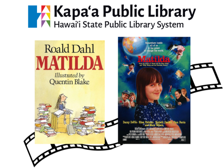 On the left, there is a picture of the book Matilda by Roald Dahl, accompanied by the Matilda movie poster on the right. In the background is a graphic of a film strip.