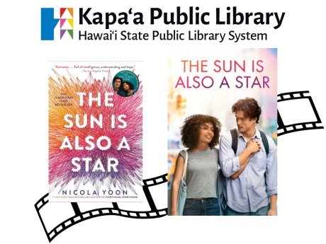 On the left, there is a picture of the book The Sun is Also a Star by Nicola Yoon, accompanied by the movie poster on the right. In the background is a graphic of a film strip.