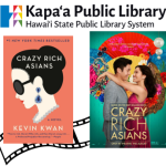 On the left, there is a picture of the book Crazy Rich Asians by Kevin Kwan, accompanied by the movie poster on the right. In the background is a graphic of a film strip.