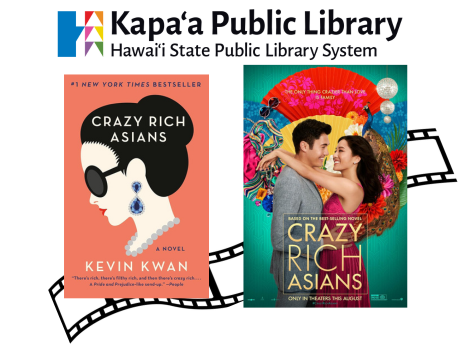 On the left, there is a picture of the book Crazy Rich Asians by Kevin Kwan, accompanied by the movie poster on the right. In the background is a graphic of a film strip.
