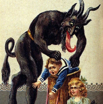 Victorian picture of Krampus putting children into his sack.