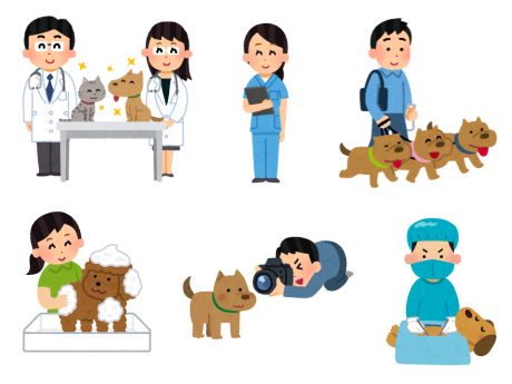 Image showing veterinarians, a veterinary nurse, dog walker, dog groomer, and pet photographer performing their jobs