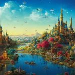 A fantasy landscape centered around a river.