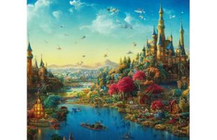 A fantasy landscape centered around a river.