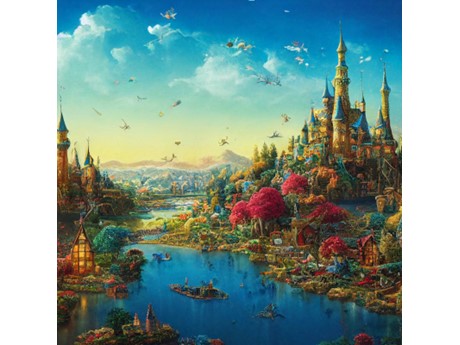 A fantasy landscape centered around a river.