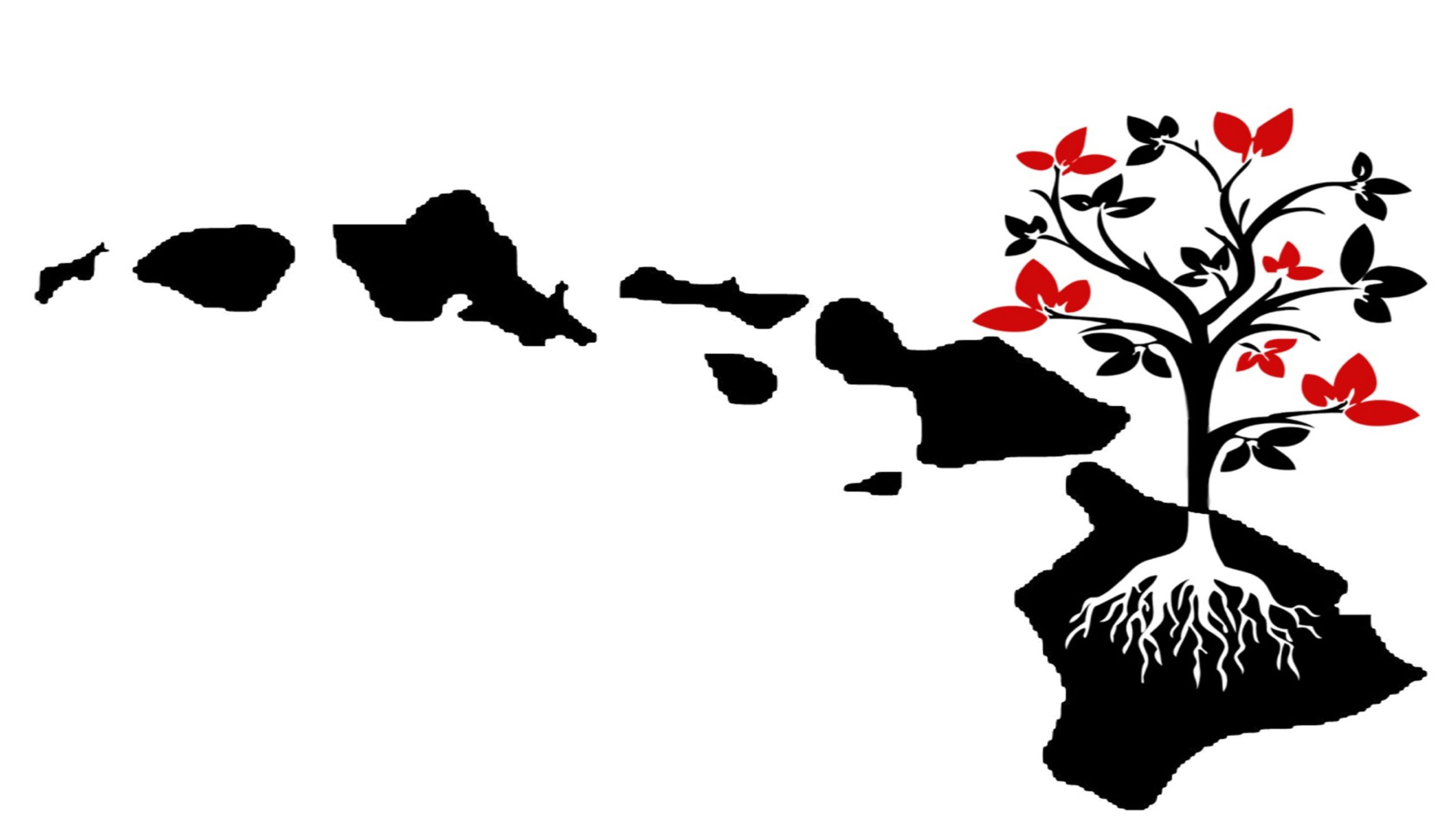 Genealogy Logo Photo of a tree with roots over the hawaiian island archipelago.