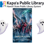 Featured is a movie poster of the movie Ghostbusters Frozen Empire, with an image of a cartoon ghost on each side of the movie poster.