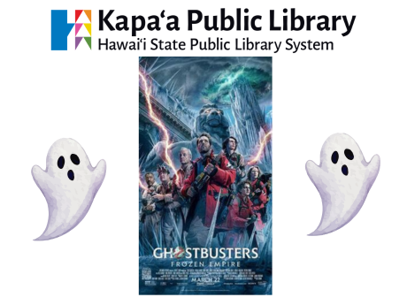 Featured is a movie poster of the movie Ghostbusters Frozen Empire, with an image of a cartoon ghost on each side of the movie poster.