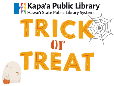 The image displays the words 'TRICK or TREAT' in orange, accompanied by an image of a friendly ghost with a pumpkin in the bottom left corner, and a spider web in the right corner.