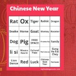 Red background with yellow lanterns and quince blossoms. Foreground a 5 by 5 grid of bingo words