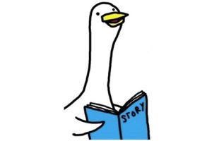 White goose holding blue book