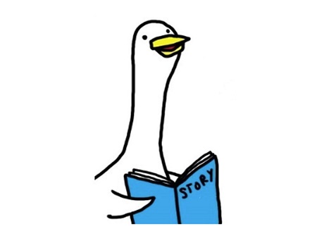 White goose holding blue book