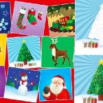 Sample of "paint by sticker " Sheets on the left; on the ricght upper a blank template for a triangle tree, bottom right an evergreen tree and a yellow star on top (bottom is a colored in version of the one above)