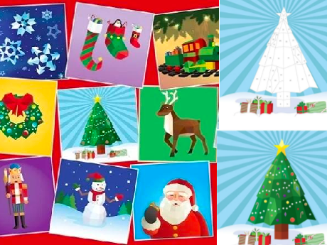 Sample of "paint by sticker " Sheets on the left; on the ricght upper a blank template for a triangle tree, bottom right an evergreen tree and a yellow star on top (bottom is a colored in version of the one above)