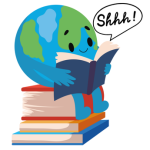 Globe character reading while sitting on top of a pile of books