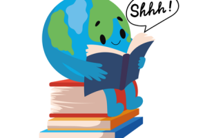 Globe character reading while sitting on top of a pile of books