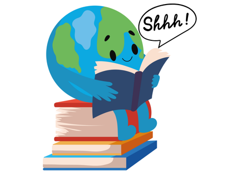 Globe character reading while sitting on top of a pile of books