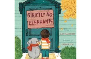 A book cover featuring a boy and his small elephant in front of a closed door and sign that says, "Strictly No Elephants."