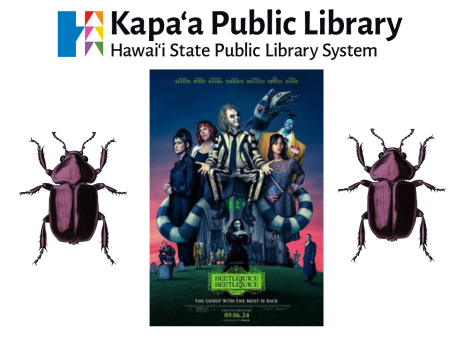 Image shows movie poster for Beetlejuice, Beetlejuice with an image of a purple beetle on each side of the poster.
