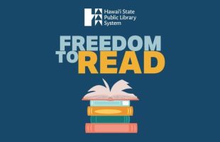 Freedom to Read text with stack of books