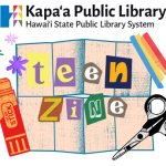 The image shows multiple graphics. Paper folded into eight sections, with a graphic of a red glue stick and black scissors layered decoratively on the paper. Collage-style letters are spread over the folded paper, spelling out the words "teen zine"
