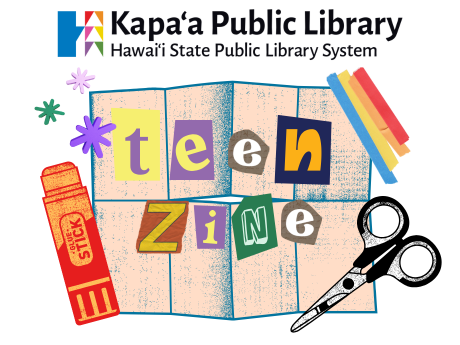 The image shows multiple graphics. Paper folded into eight sections, with a graphic of a red glue stick and black scissors layered decoratively on the paper. Collage-style letters are spread over the folded paper, spelling out the words "teen zine"