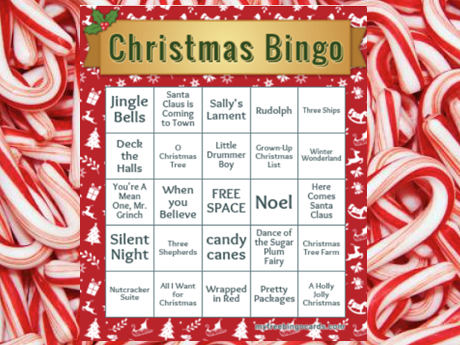 candycane background, with a sample BINGO card