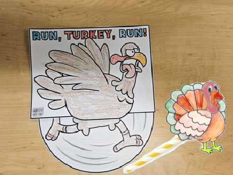 2 turkey crafts, spinner legs, and drinking straw flyer