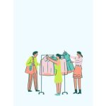 group of three sifting through a clothing rack