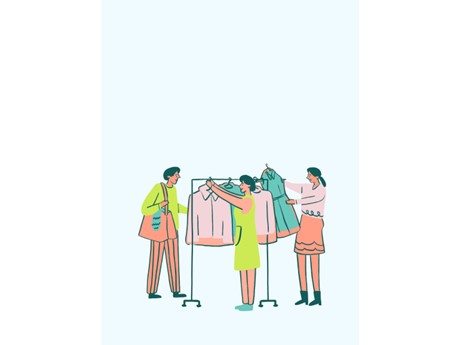 clothing_swap group of three sifting through a clothing rack