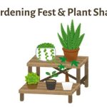 Brown shelf with many types of plants on it. Text reads Gardening Fest & Plant Share