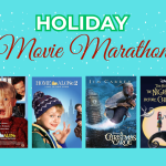 Text says Holiday Movie Marathon with four movie posters for Home Alone, Home Alone 2, Disney's A Christmas Carol, and A Nightmare Before Christmas