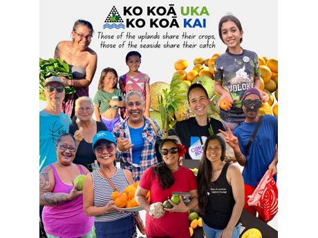 A colorful collage of smiling faces and fresh produce