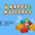 "Happy Holidays" in LEGO font, a LEGO minifigure in a holiday sweater and Santa hat with LEGO bricks and snowflakes