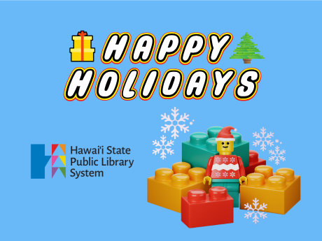 "Happy Holidays" in LEGO font, a LEGO minifigure in a holiday sweater and Santa hat with LEGO bricks and snowflakes